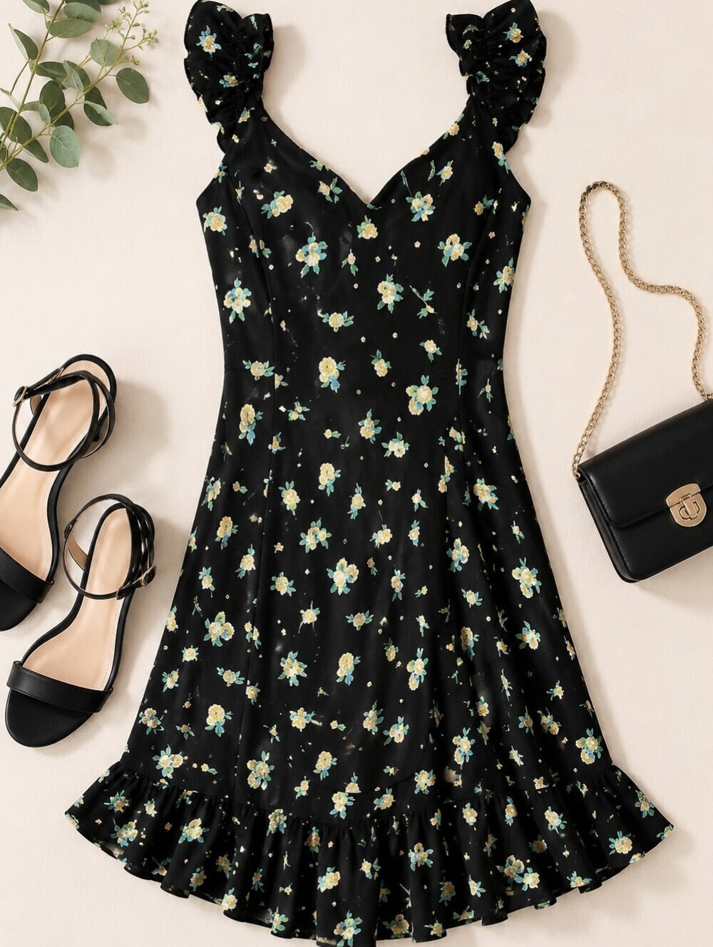 Free People Black Floral Mini Dress Open Back Ruffle Trim Size L
